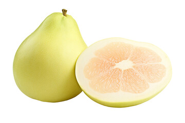 Ripe Pomelo with half slice isolated on transparent background, ripe tropical natural fruit concept, Healthy food with high of vitamin and minerals. Freshness of juicy fruit.