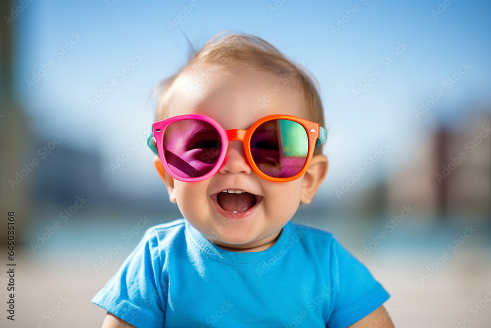 Poster Generative AI photo portrait of adorable cheerful small baby walking having fun enjoying summer time outside