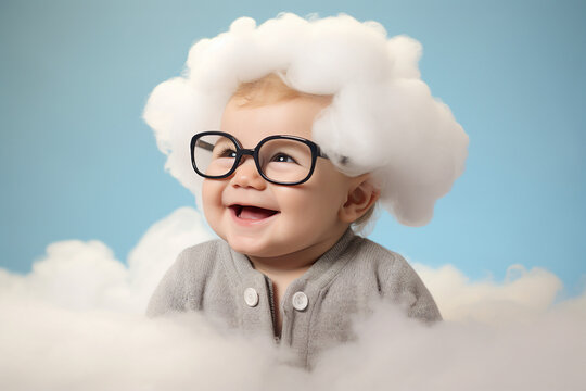 Generative AI futuristic portrait of a beautiful pretty kid in big glasses on white soft clouds isolated over blue color background