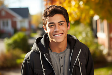 Naklejka premium Generative AI portrait image of happy smiling guy walking to school early in the morning