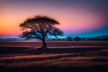 A serene scene of a lone tree silhouetted against a colorful twilight sky