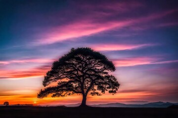 A serene scene of a lone tree silhouetted against a colorful twilight sky