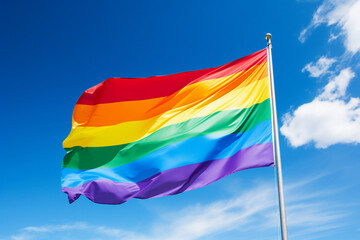 AI generative photography of bright colorful lgbt flag fluttering in the wind isolated on blue sky background