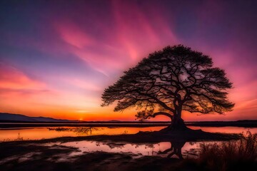Fototapeta na wymiar A serene scene of a lone tree silhouetted against a colorful twilight sky