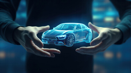 Secure Your Ride: Car Insurance Concept Depicted by Protective Male Hands Embracing a Blue Car.
