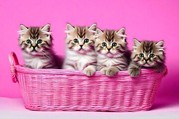 Fototapeta na wymiar A collection of Persian kittens in a pink container against a pink background 