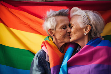 Beautiful picture generative ai concept of a lesbian gay hugging couple celebrating lgbtq+ pride - Powered by Adobe