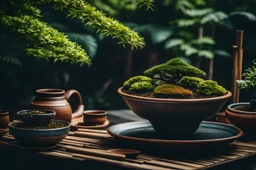 Foto auf Acrylglas A serene tea garden with intricate arrangements and bonsai trees © Muhammad