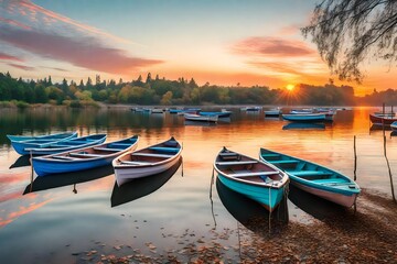 A tranquil lakeside into an image of rowboats under a pastel sunset sky