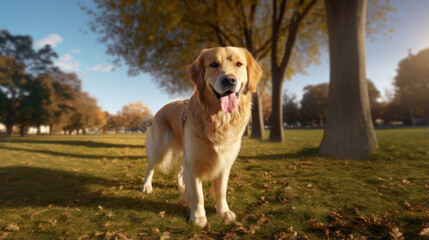 Golden Retriever Enjoying Playful Moments in the Serene Park Setting, a True Canine Delight.
