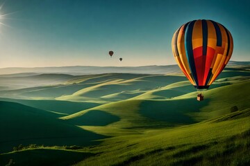 An air balloon floating above rolling hills
