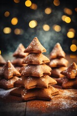 Photo of a festive Christmas tree made entirely of delicious freshly baked gingerbread and dusted with icing sugar against a festive background created with Generative AI technology