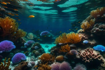 An artistic representation of a coral reef teeming with marine life