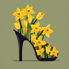 illustration of a bouquet of yellow daffodils in a black high heel shoe vase on a plain background