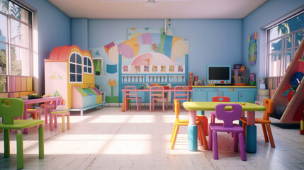 Colorful Toy-filled Kindergarten Game Room Where Children Play Games.