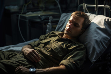 Obraz premium injured soldier in military uniform lies in the hospital ward