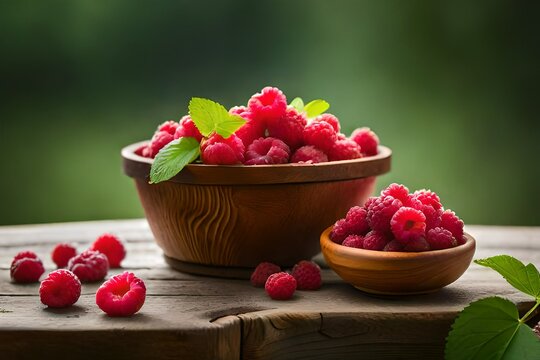 raspberries,  Raspberries, Fruits, Food image. Describe the bountiful display of ripe raspberries, glistening with dewdrops, nestled in a rustic wooden basket.