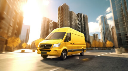Urban Logistics in Motion: Yellow Cargo Van Delivering Parcels Across the City.