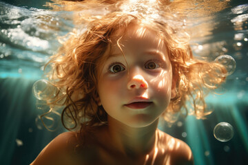 Cute child swimming in pool underwater