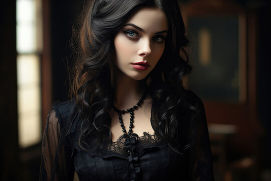 Beautiful attractive gothic girl in black dress