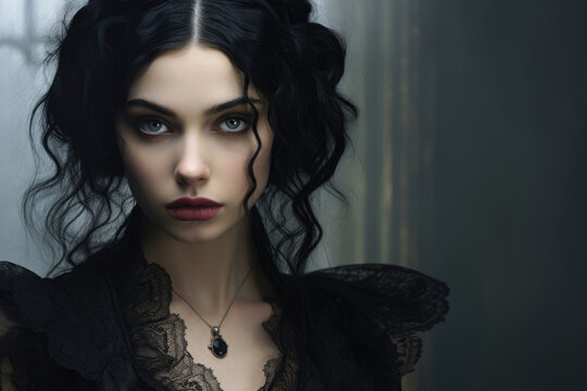 gothic girl in black medieval dress. copy space for text