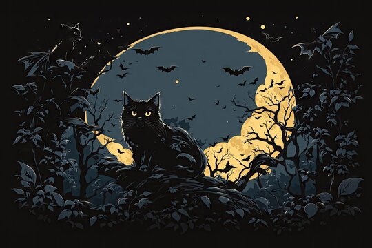 black cat and halloween moon. ai generative
