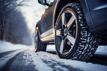 Close-up Image of Winter Car Tire on the Snowy Road. Drive Safe Concept.