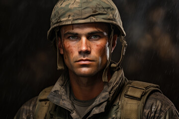 Fototapeta premium Portrait of a military man, a soldier in uniform in the rain