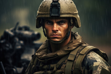 Obraz premium Portrait of a military man, a soldier in uniform in the rain