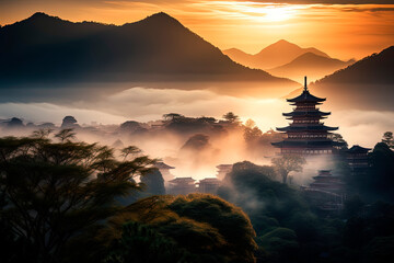 Fototapeta premium Japanese mountain village. Foggy morning landscape. Generative AI