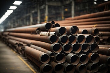 a stack of steel pipes in a warehouse. ai generative