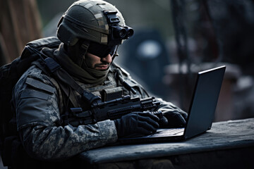 Soldier in uniform working on a laptop on the battlefield