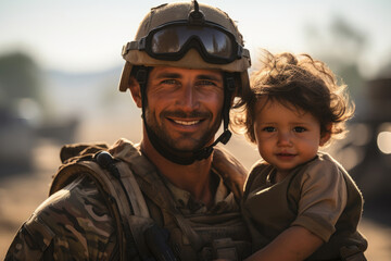 Soldier hugging a child after the war