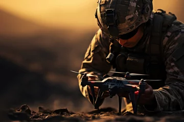 Tuinposter soldier launches a drone in the sky to reconnoiter enemy territory © Michael