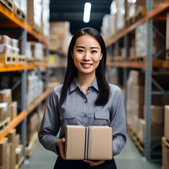 An Asian woman working in a warehouse, overseeing inventory, while holding boxes with shelves visible in the backdrop. She is optimizing shipping and logistics procedures for increased efficiency.