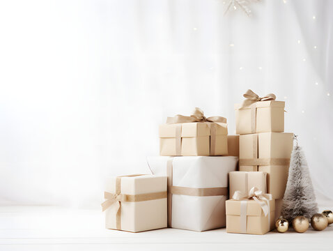 A stack of white and gold Christmas presents