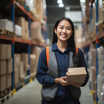 An Asian woman working in a warehouse, overseeing inventory, while holding boxes with shelves visible in the backdrop. She is optimizing shipping and logistics procedures for increased efficiency.