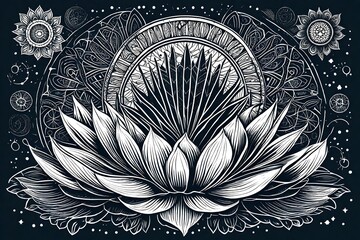Lotus flower with half moon drawn by hand. spiritual mystic design. 
