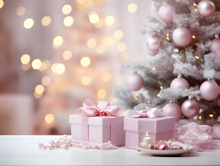 Pink Christmas presents and decorations on a white table with blurred bokeh lights in the background