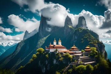 An image of a serene monastery on a mountain peak, surrounded by clouds - Powered by Adobe