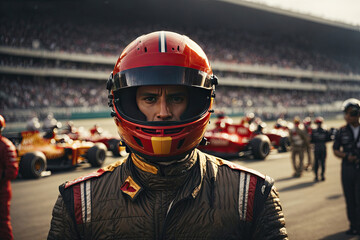 Portrait of F1 driver wearing helmet. ai generative