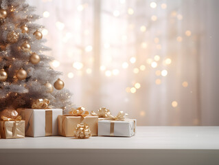 White & gold Christmas presents on empty table with blurred window and bokeh lights