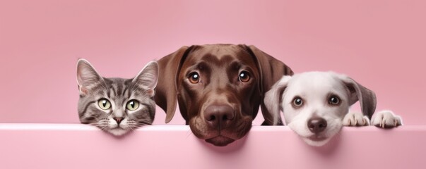 Dogs and Cats, peeking over the clear solid blue top line, petshop banner, happy, smile, funny. Generative AI image weber.