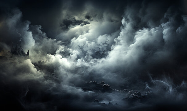 Mystery dark fog background for product placement.Panoramic view of the abstract fog. White cloudiness, mist or smog moves on black background.