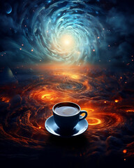 Cosmic space tea in a coffee mug, abstract digital art. Galaxy in a Coffee Cup. Celestial, cosmic, surreal, beverage. Generative AI.