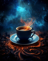 Cosmic space tea in a coffee mug, abstract digital art. Galaxy in a Coffee Cup. Celestial, cosmic, surreal, beverage. Generative AI.