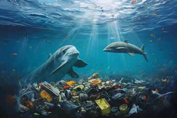 Illustrates polluted ocean floor and plastic waste, emphasizing the Pacific garbage patch. Environmental crisis. Generative AI - obrazy, fototapety, plakaty