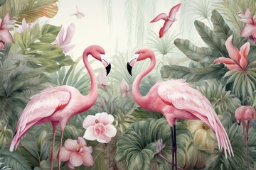 Tropical forest wallpaper with jungle leaves, flamingos, and birds in a vintage-style drawing. Generative AI
