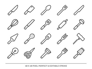 Cookware and kitchen utensils outline icons set. Pixel perfect and editable stroke 48x48 vector illustration.