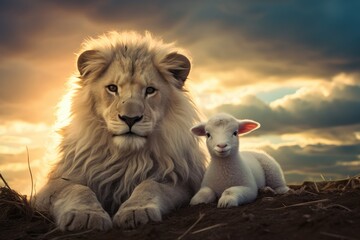 baby lion and lamb living in harmony. Peace and Reconciliation. Lion of Judah.  - obrazy, fototapety, plakaty